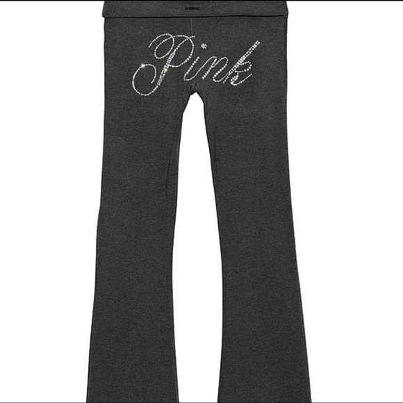 PINK Victoria's Secret Pants - PINK Victoria's Secret Charcoal Fold-over Flare Leggings with Rhinestone Logo